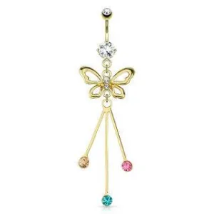 Gold Plated over Surgical Steel Multi Color CZ Butterfly Strands Dangling Belly Button Navel Ring