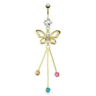 Gold Plated over Surgical Steel Multi Color CZ Butterfly Strands Dangling Belly Button Navel Ring