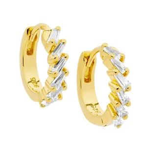 Gold Plated Sterling Silver Hoop Earrings with Claw Set Cubic Zirconia Tapered Baguette 13mm E552G