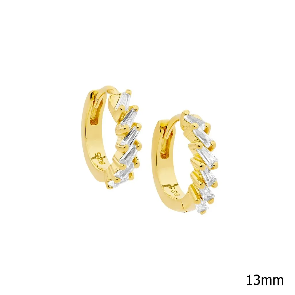 Gold Plated Sterling Silver Hoop Earrings with Claw Set Cubic Zirconia Tapered Baguette 13mm E552G