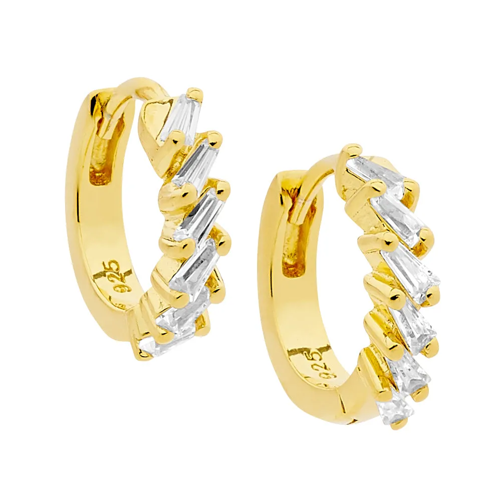 Gold Plated Sterling Silver Hoop Earrings with Claw Set Cubic Zirconia Tapered Baguette 13mm E552G