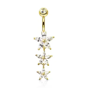 Gold PVD Surgical Steel 3 White CZ Flower Dangle Belly Ring