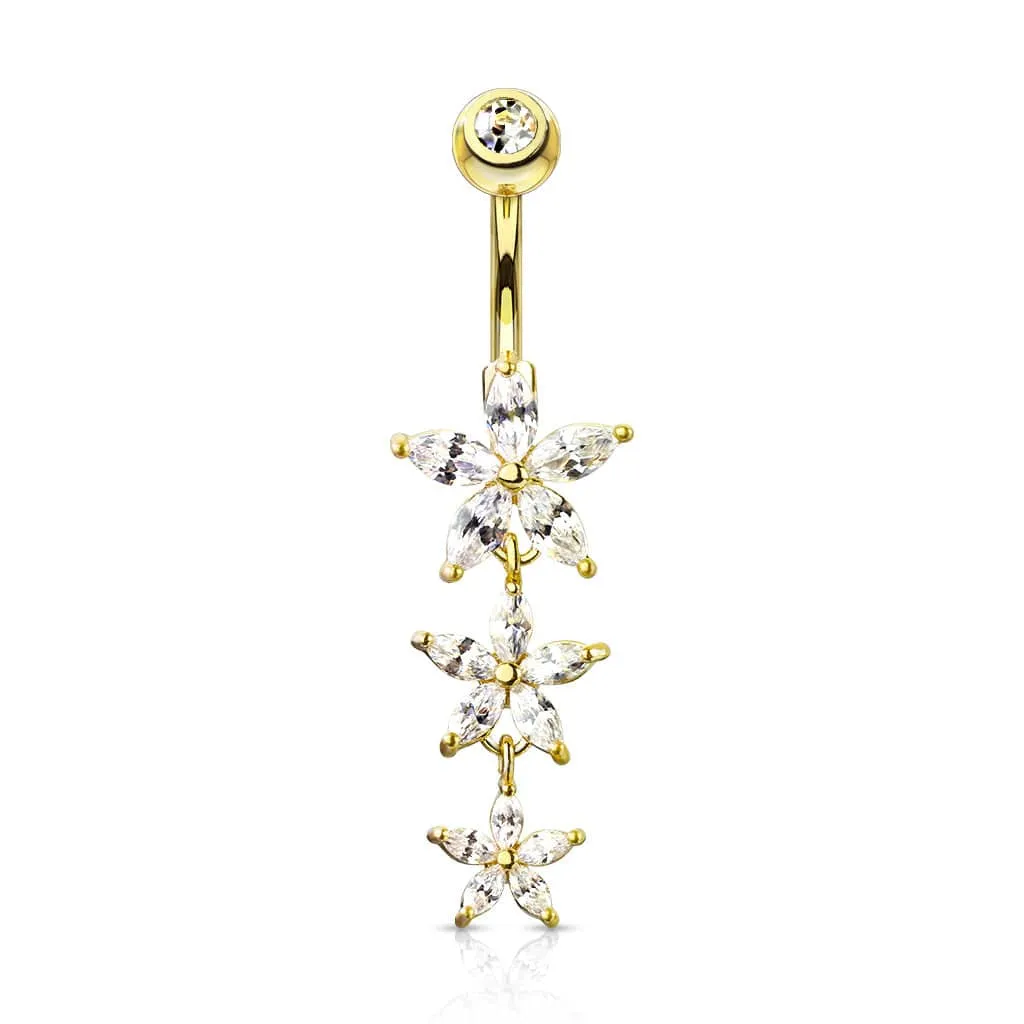 Gold PVD Surgical Steel 3 White CZ Flower Dangle Belly Ring