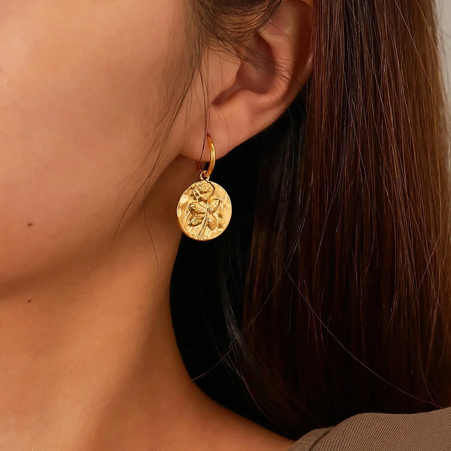 Gold Rose Flower Hoop Earrings