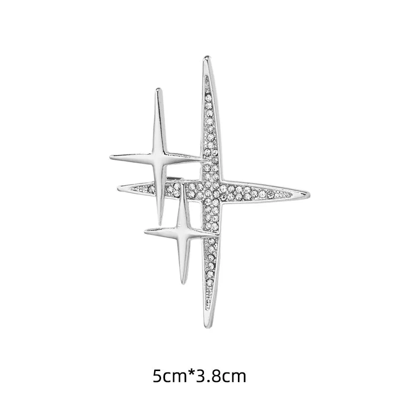 Gold Silver Cross-Shaped Starburst Brooch Pin 4pcs