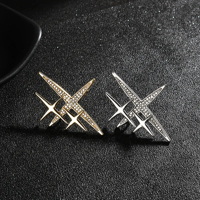 Gold Silver Cross-Shaped Starburst Brooch Pin 4pcs
