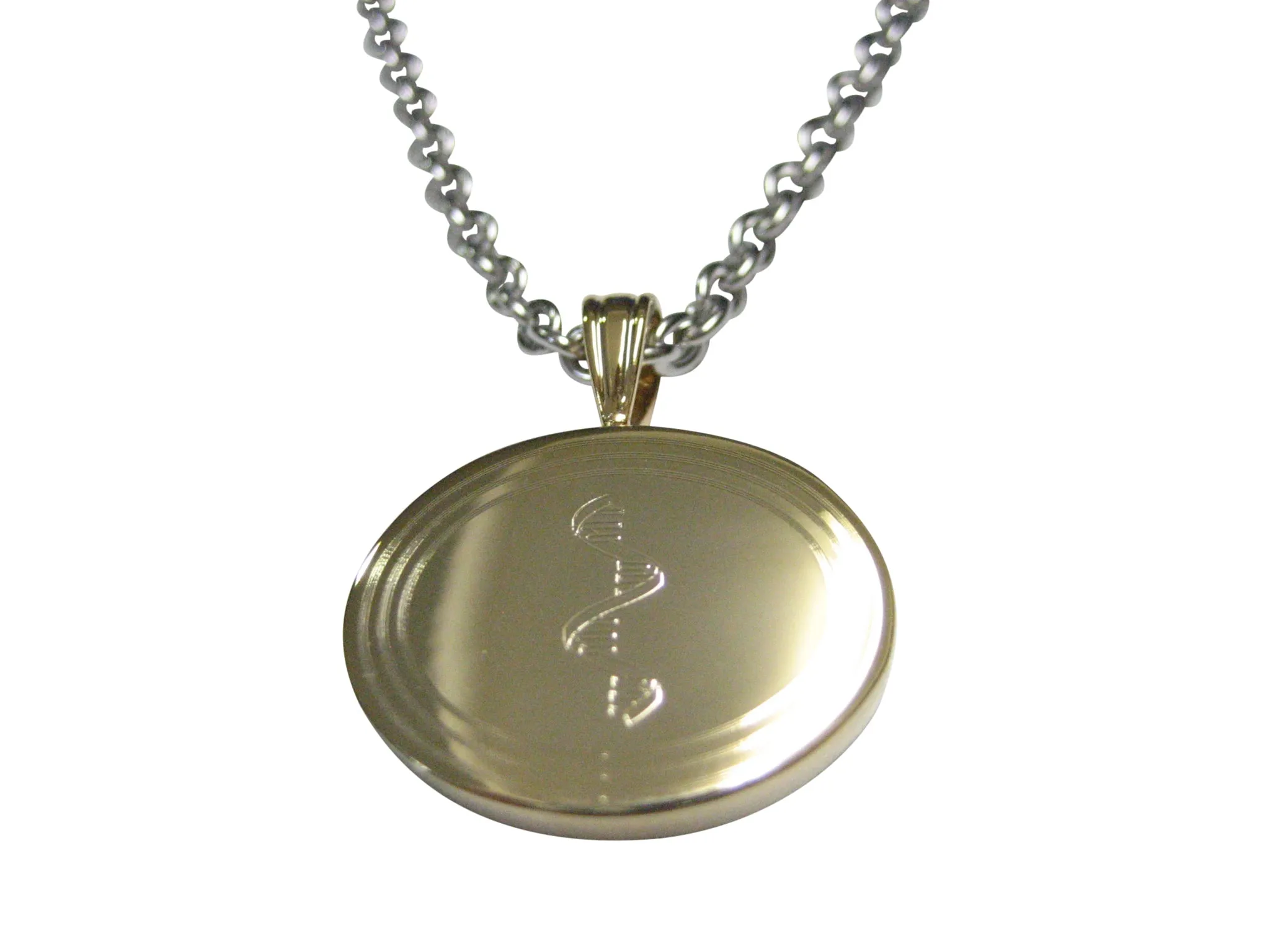 Gold Toned Etched Oval RNA Ribonucleic Acid Molecule Pendant Necklace