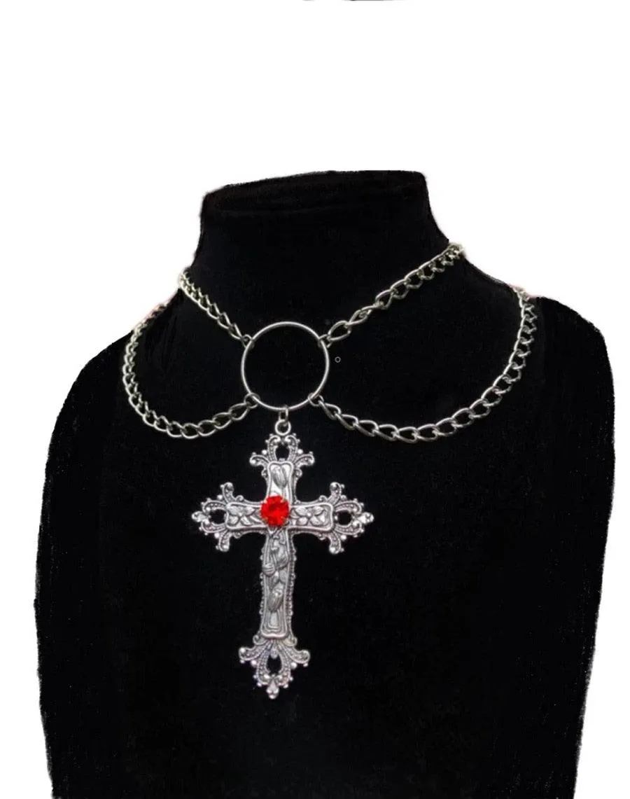 Gothic Double Chain Cross Pendant Necklace