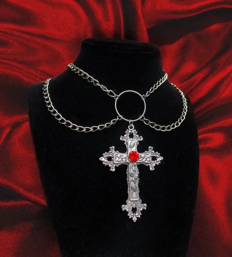 Gothic Double Chain Cross Pendant Necklace