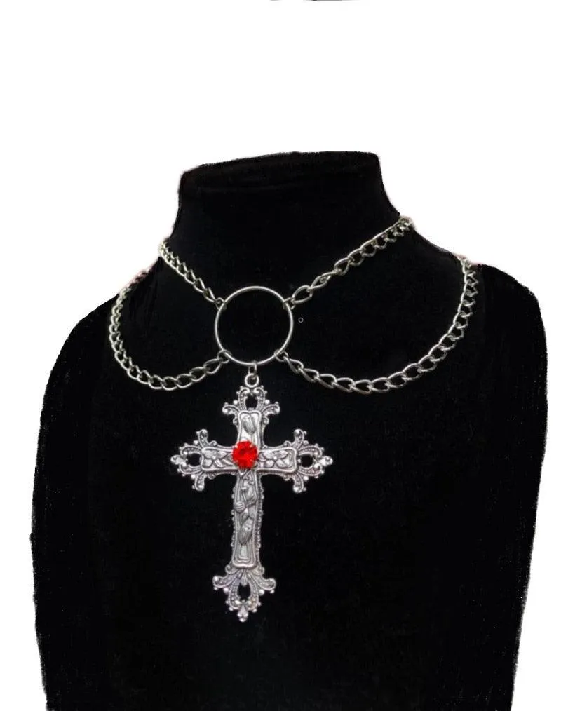 Gothic Double Chain Cross Pendant Necklace
