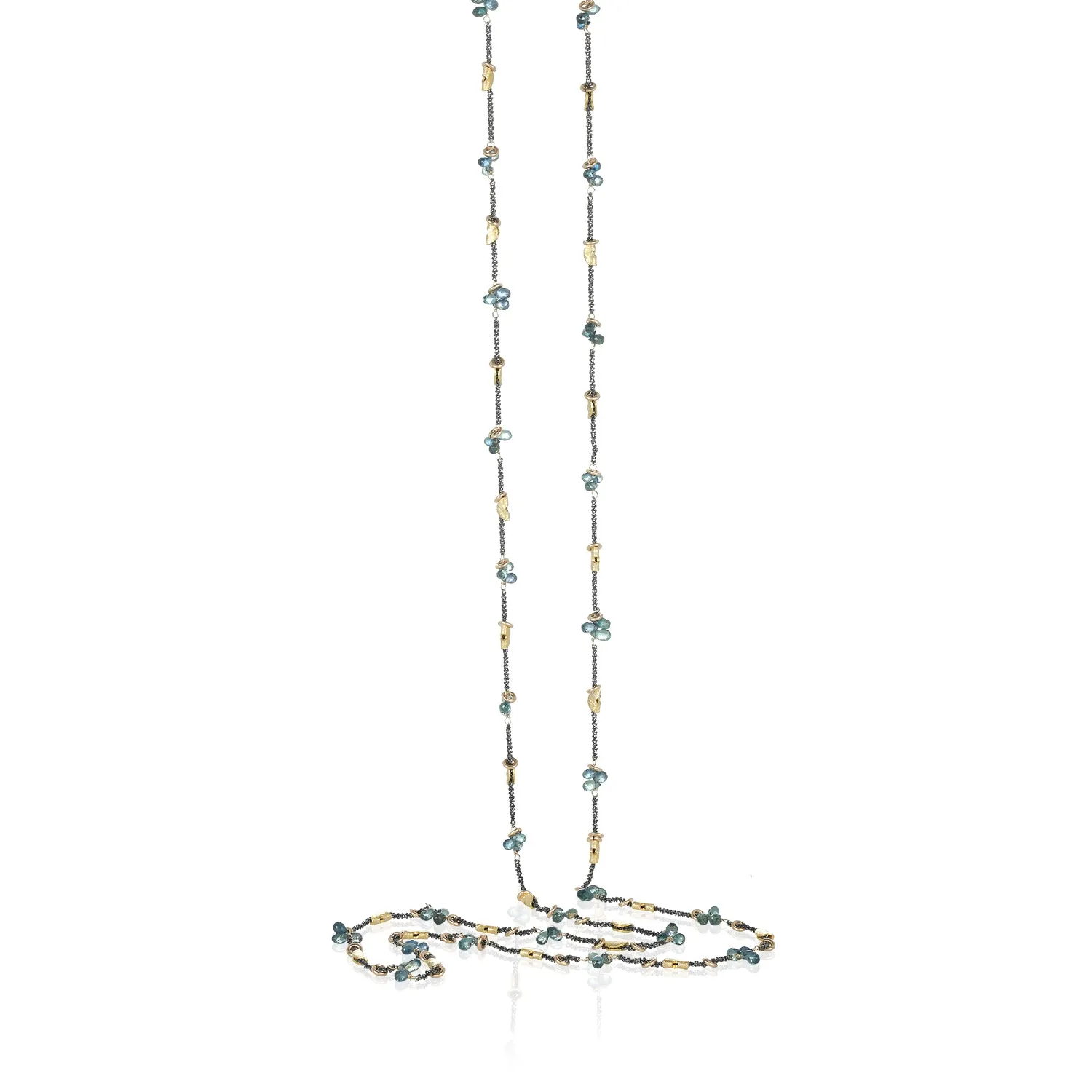 Half Moon Petal Sapphire Silver Long Necklace - Blue