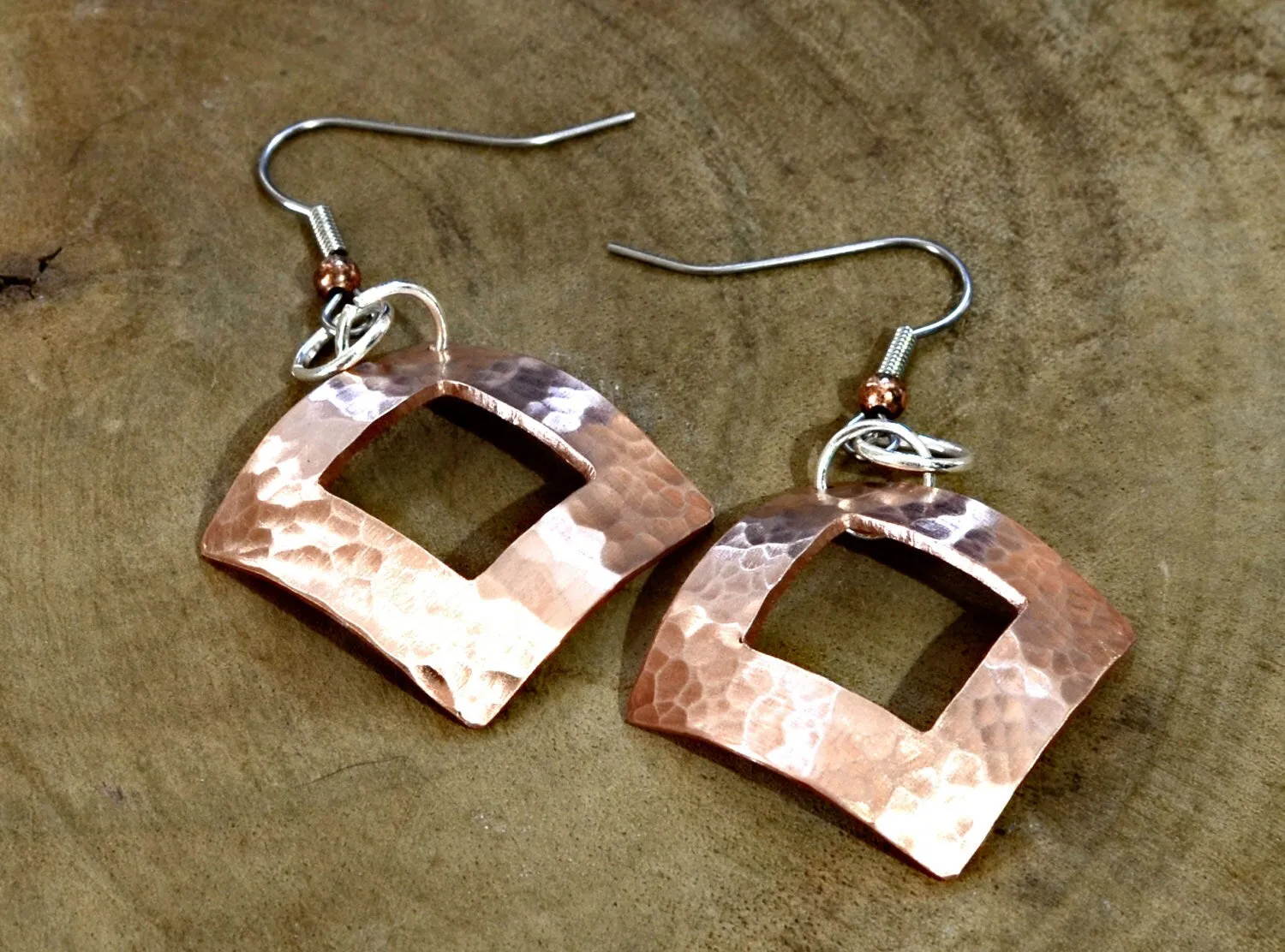 Hammered Copper Dangle Earrings Handmade with Square Window and Dapped Shape