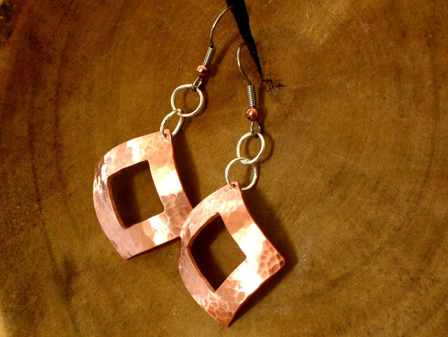 Hammered Copper Dangle Earrings Handmade with Square Window and Dapped Shape