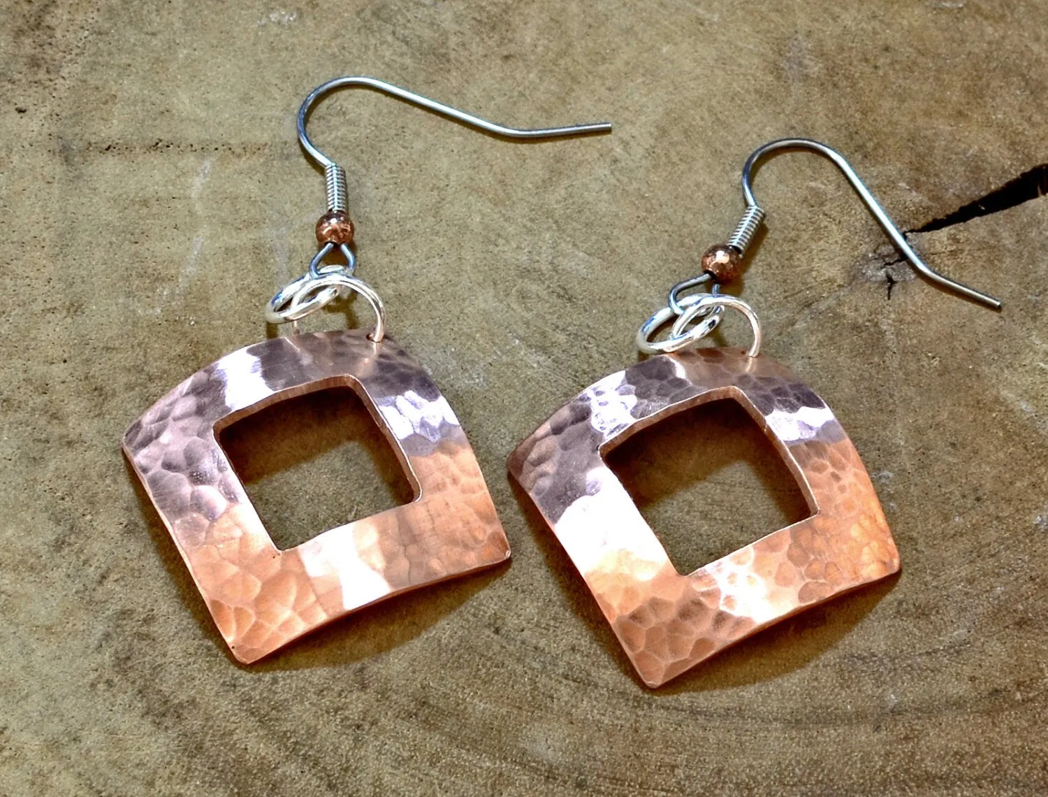Hammered Copper Dangle Earrings Handmade with Square Window and Dapped Shape
