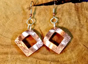 Hammered Copper Dangle Earrings Handmade with Square Window and Dapped Shape