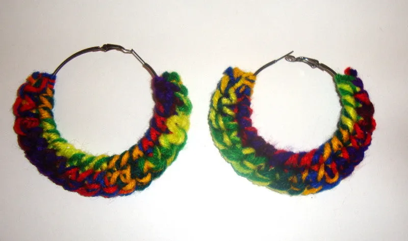 HANDMADE MULTI-COLOR YELLOW RED CROCHET HOOP EARRINGS METAL CLOSURE HOOP