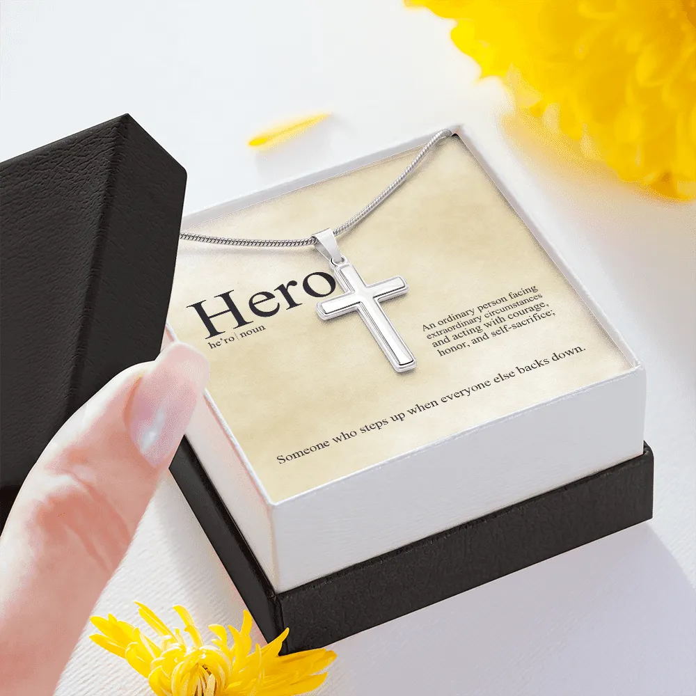 Hero Definition - An Ordinary Person - Cross Necklace Message Card - Gift Father's Day For Dad, Daddy, Father, Grandfather, Grandpa, Papa
