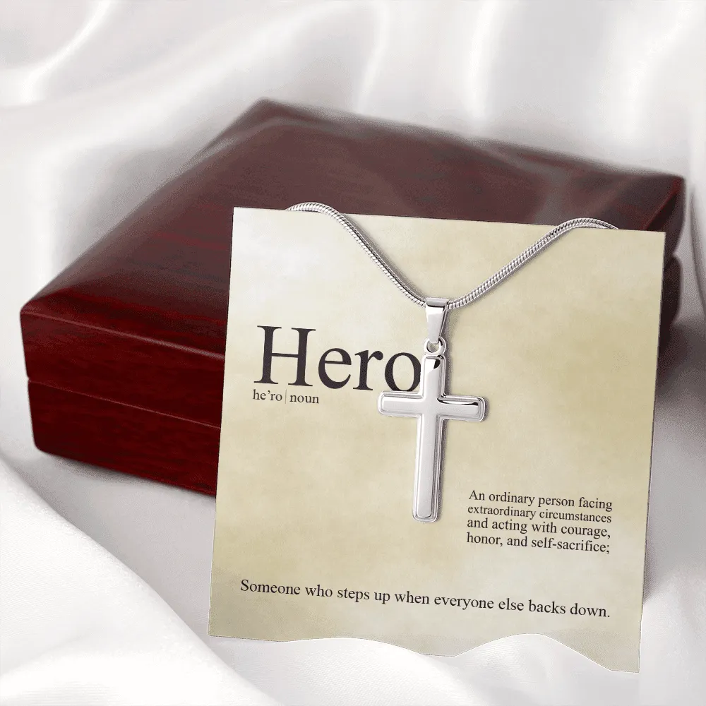 Hero Definition - An Ordinary Person - Cross Necklace Message Card - Gift Father's Day For Dad, Daddy, Father, Grandfather, Grandpa, Papa
