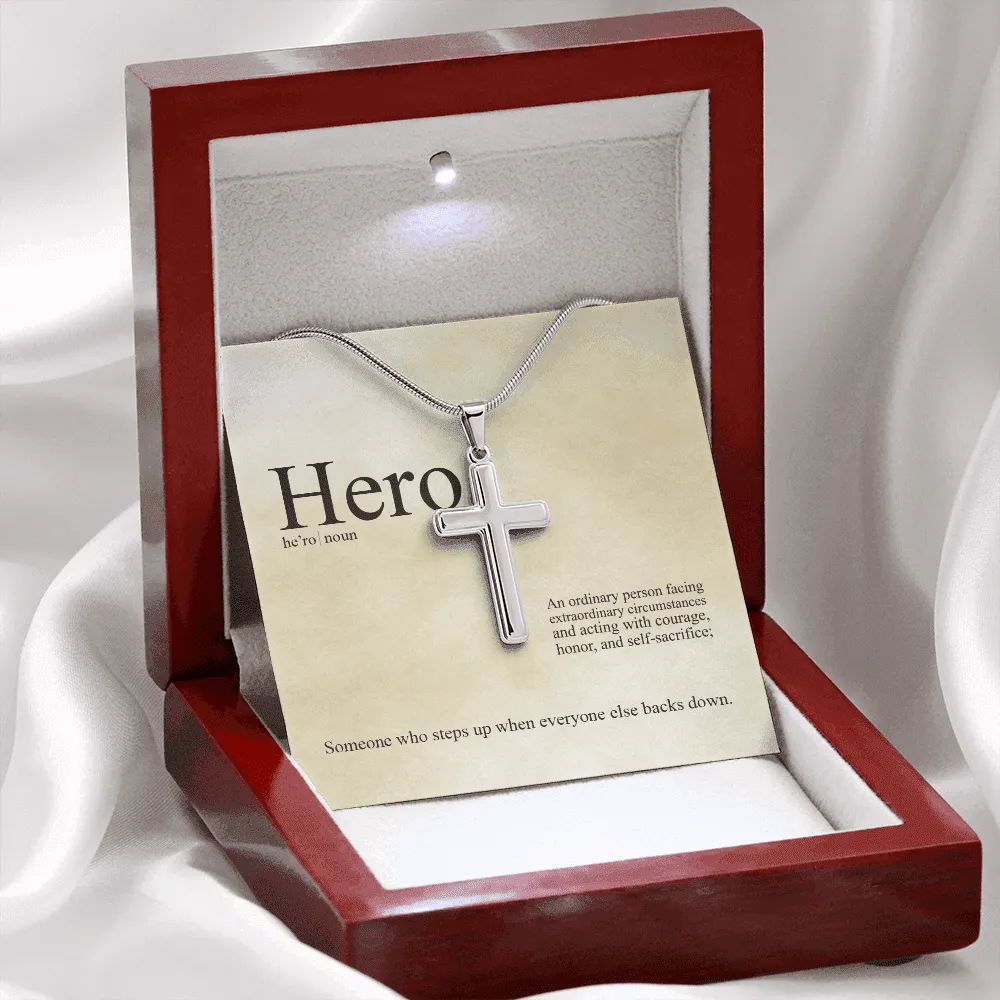 Hero Definition - An Ordinary Person - Cross Necklace Message Card - Gift Father's Day For Dad, Daddy, Father, Grandfather, Grandpa, Papa