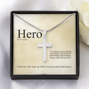 Hero Definition - An Ordinary Person - Cross Necklace Message Card - Gift Father's Day For Dad, Daddy, Father, Grandfather, Grandpa, Papa