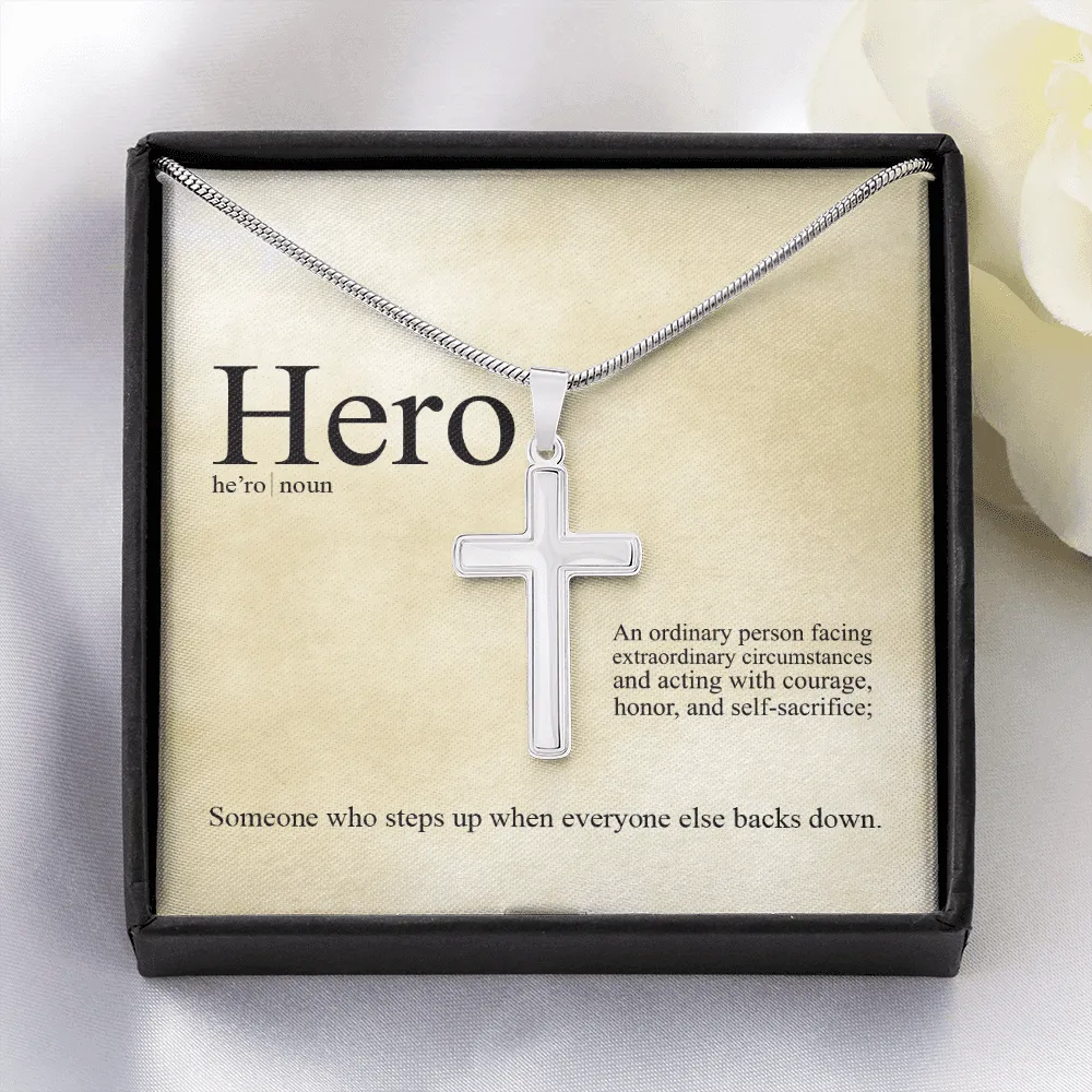 Hero Definition - An Ordinary Person - Cross Necklace Message Card - Gift Father's Day For Dad, Daddy, Father, Grandfather, Grandpa, Papa