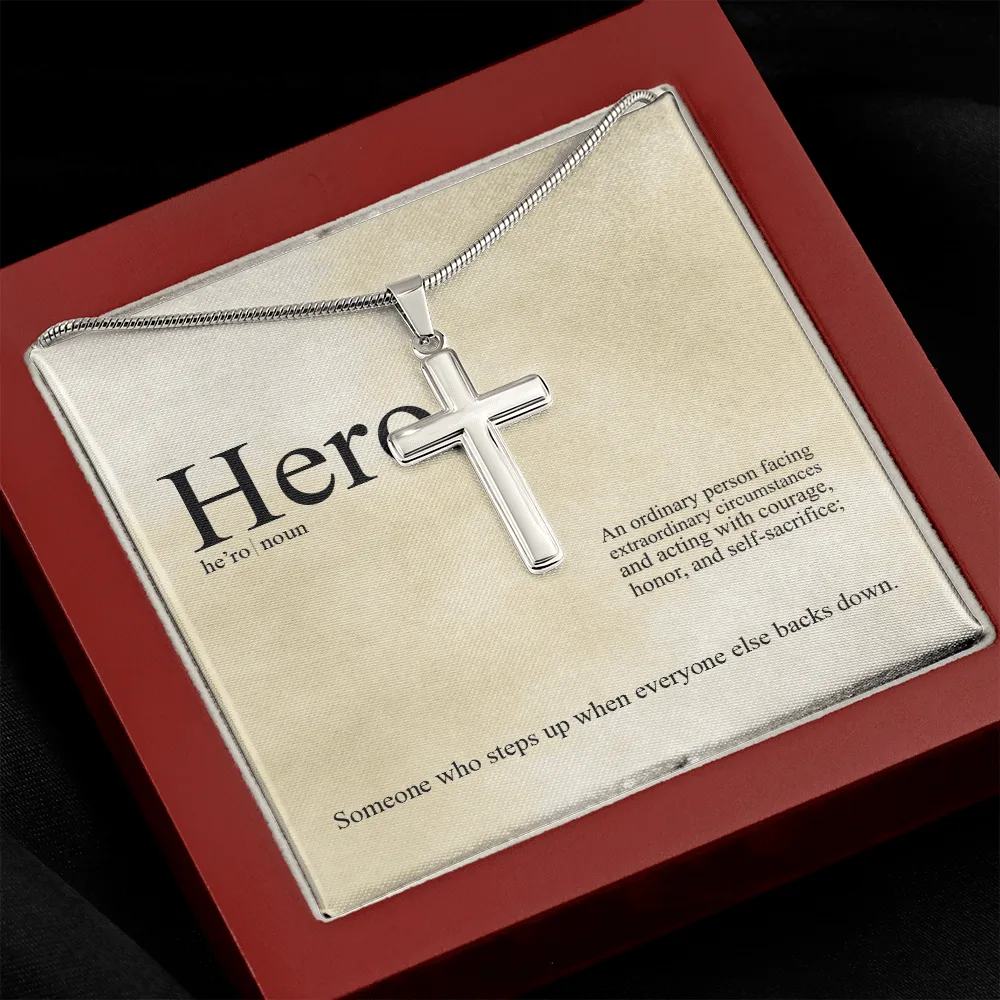 Hero Definition - An Ordinary Person - Cross Necklace Message Card - Gift Father's Day For Dad, Daddy, Father, Grandfather, Grandpa, Papa