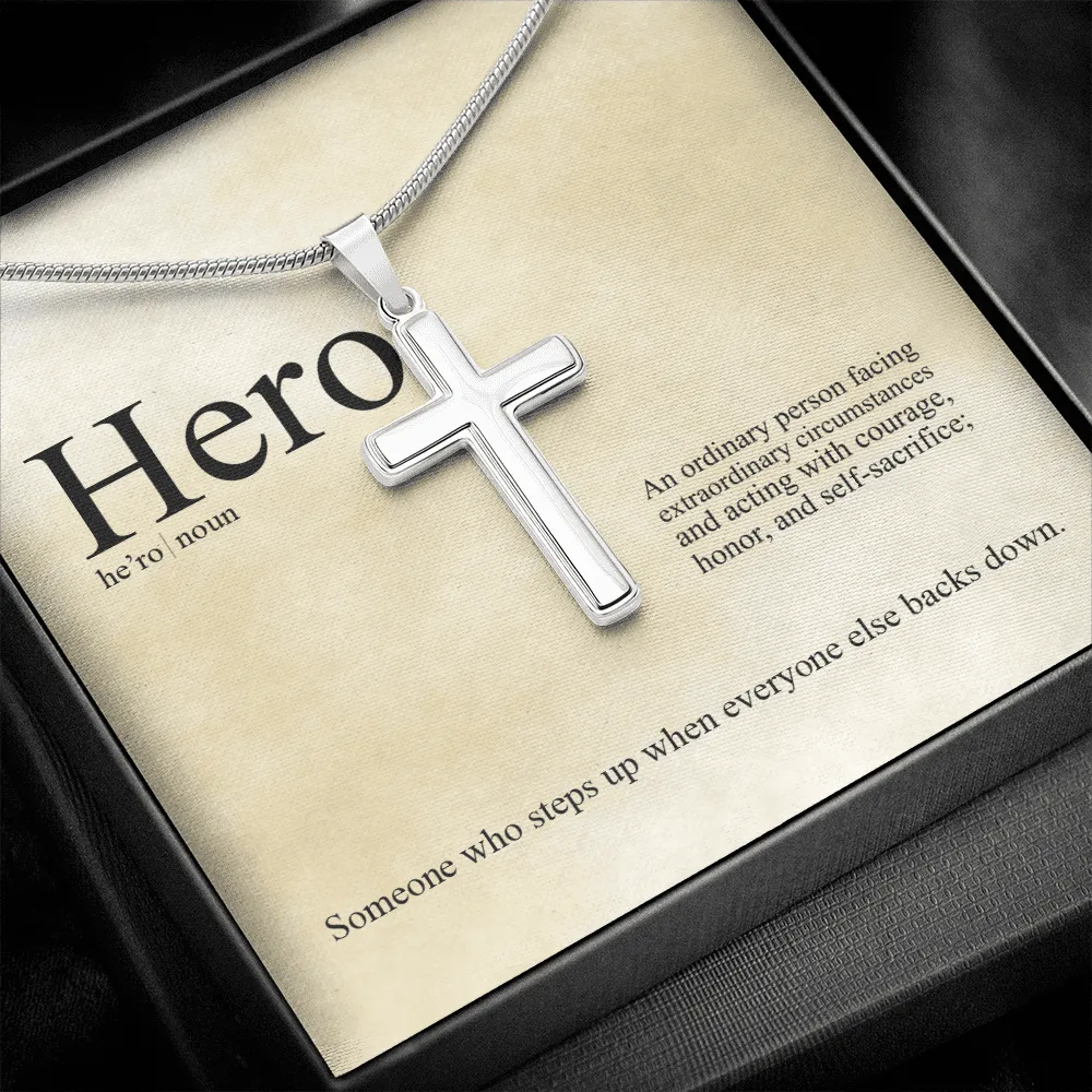 Hero Definition - An Ordinary Person - Cross Necklace Message Card - Gift Father's Day For Dad, Daddy, Father, Grandfather, Grandpa, Papa