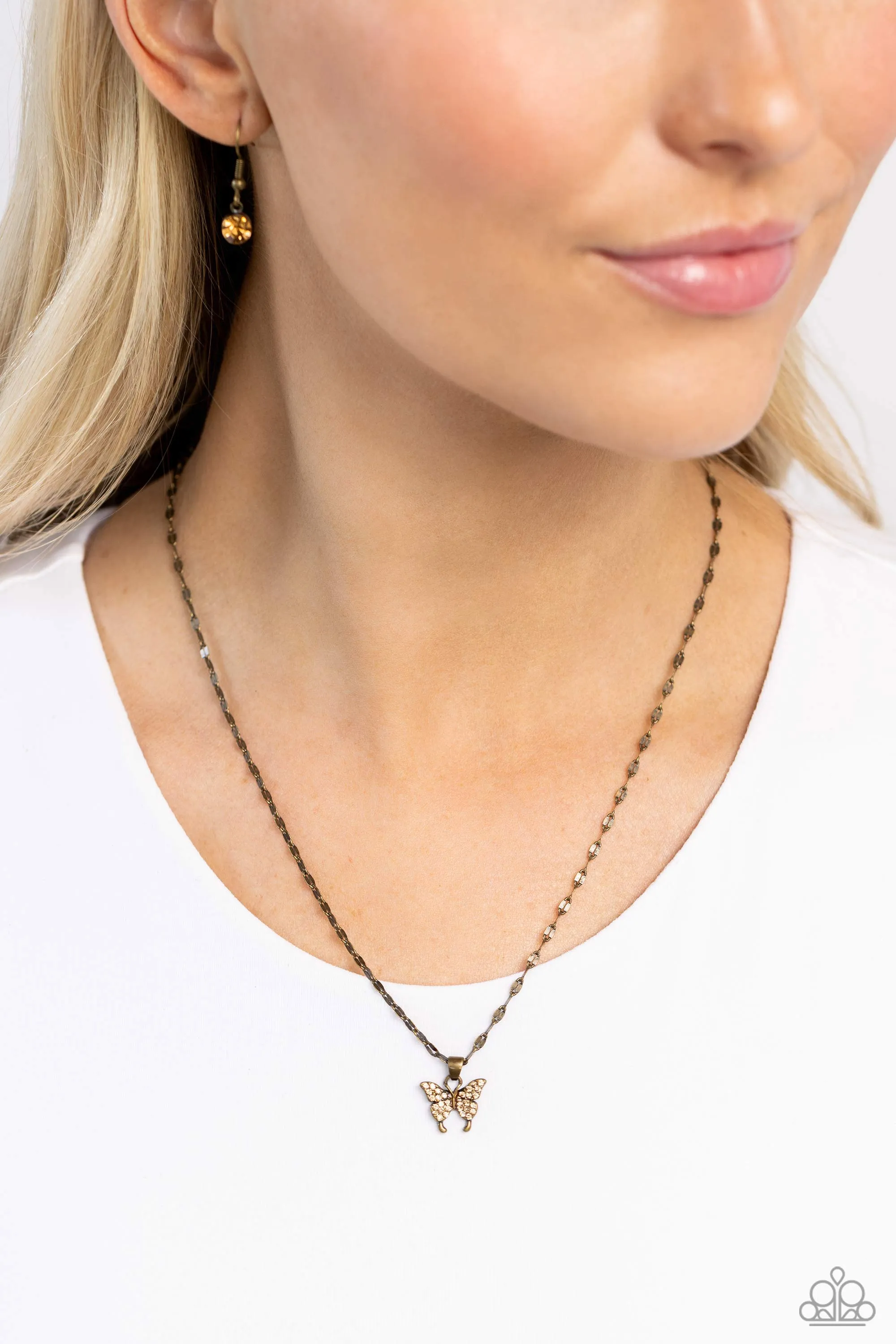 High-Flying Hangout - Brass - Rhinestone Encrusted Butterfly Dainty Paparazzi Short Necklace