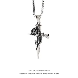 Hip Hop Vintage Rose Cross Titanium Steel Necklace Men's Personality