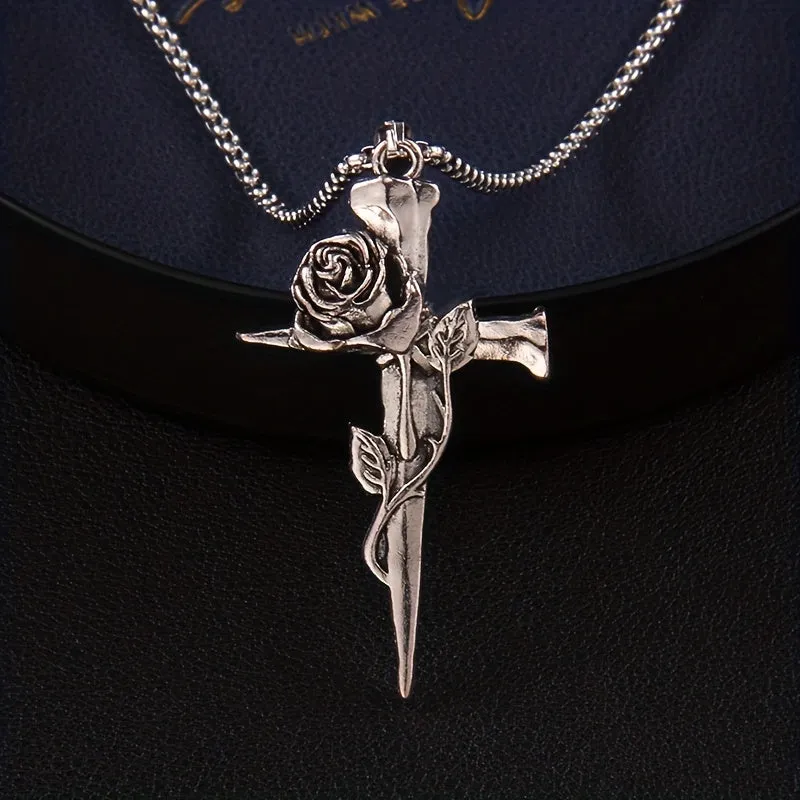 Hip Hop Vintage Rose Cross Titanium Steel Necklace Men's Personality
