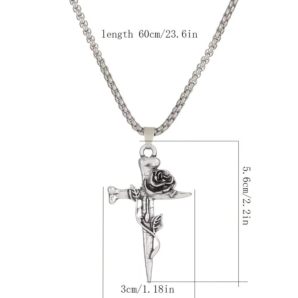 Hip Hop Vintage Rose Cross Titanium Steel Necklace Men's Personality