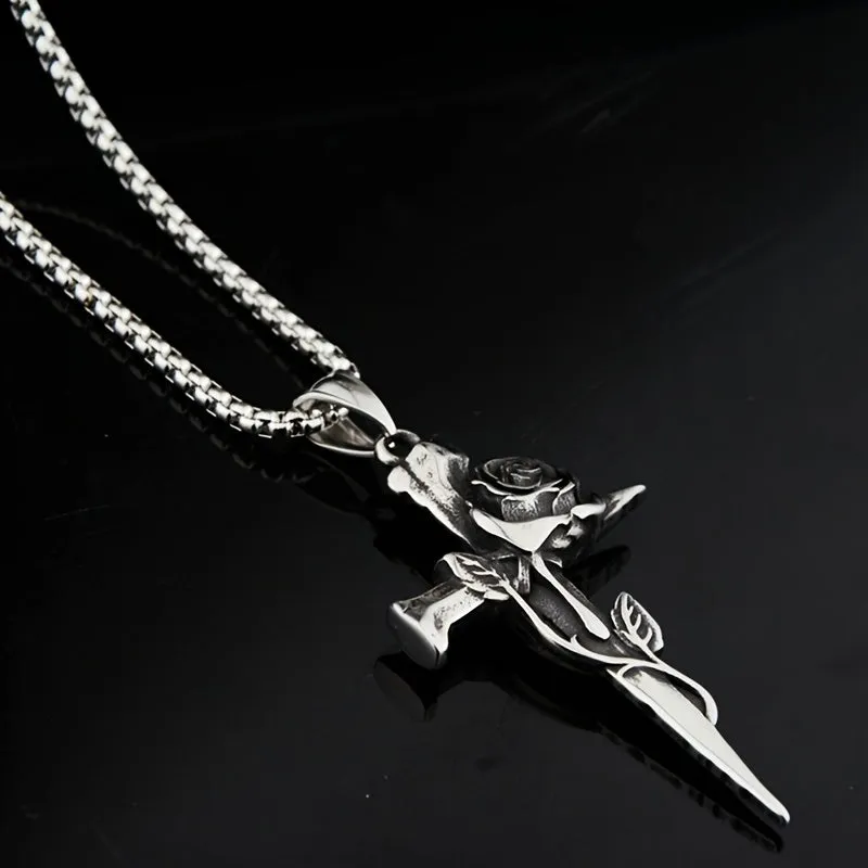 Hip Hop Vintage Rose Cross Titanium Steel Necklace Men's Personality