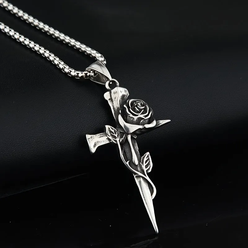 Hip Hop Vintage Rose Cross Titanium Steel Necklace Men's Personality