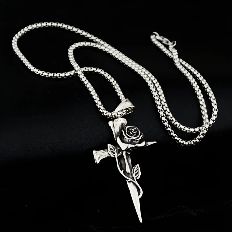 Hip Hop Vintage Rose Cross Titanium Steel Necklace Men's Personality