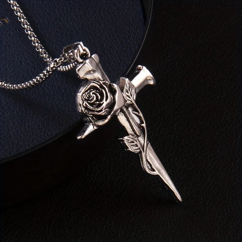Hip Hop Vintage Rose Cross Titanium Steel Necklace Men's Personality