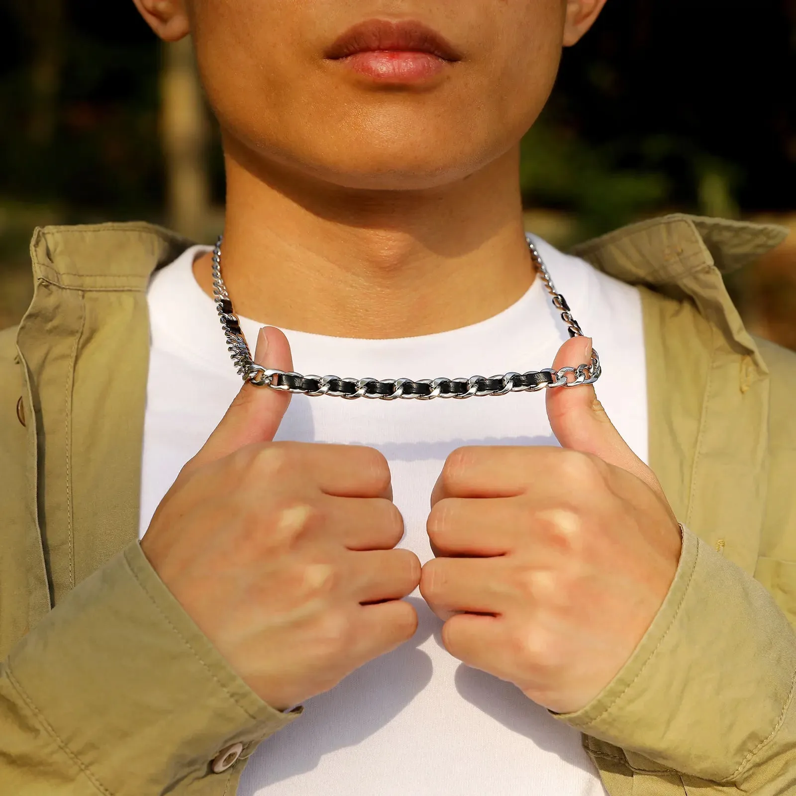 Hiphop PU Metal Splicing Necklaces for Men Boys