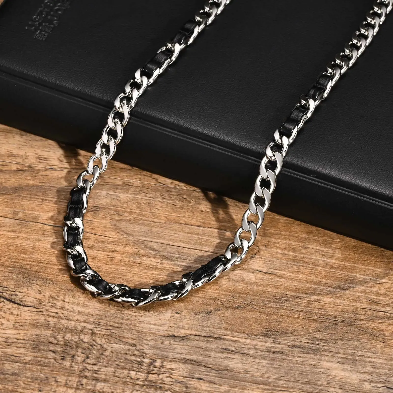 Hiphop PU Metal Splicing Necklaces for Men Boys