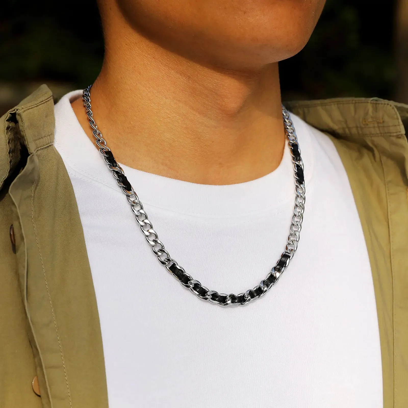 Hiphop PU Metal Splicing Necklaces for Men Boys