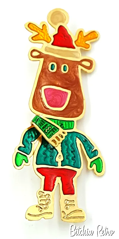 Holiday Moose Pin With Kitschy Red Ski Pants and Ugly Sweater