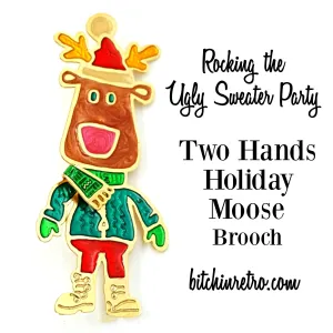 Holiday Moose Pin With Kitschy Red Ski Pants and Ugly Sweater