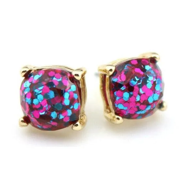 Hot Pink Glitter Gold Tone Earrings