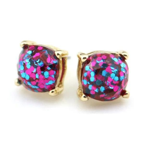 Hot Pink Glitter Gold Tone Earrings