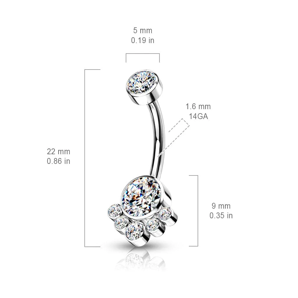 Implant Grade Titanium Internally Threaded Aurora Borealis CZ Bezel Cluster Belly Ring