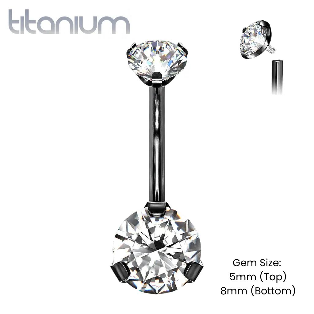 Implant Grade Titanium Internally Threaded Black PVD White CZ Prong Belly Button Navel Ring