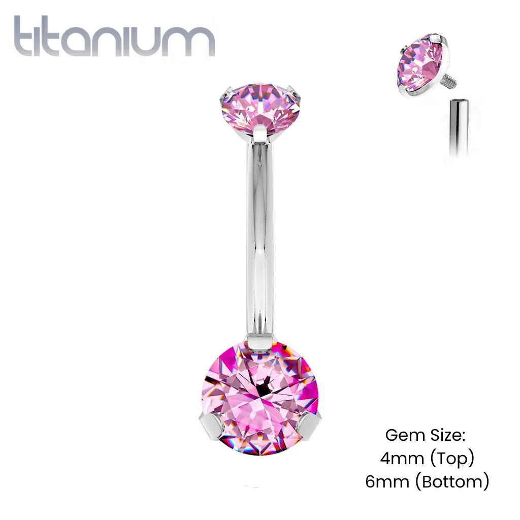 Implant Grade Titanium Internally Threaded Pink CZ Prong Belly Button Navel Ring