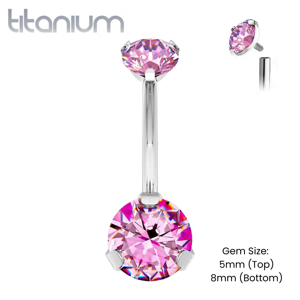 Implant Grade Titanium Internally Threaded Pink CZ Prong Belly Button Navel Ring