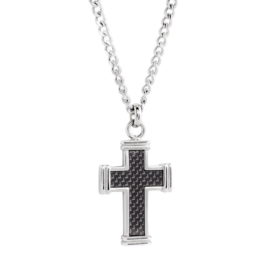 Italgem Stainless Steel and Black Carbon Fiber Cross Necklace