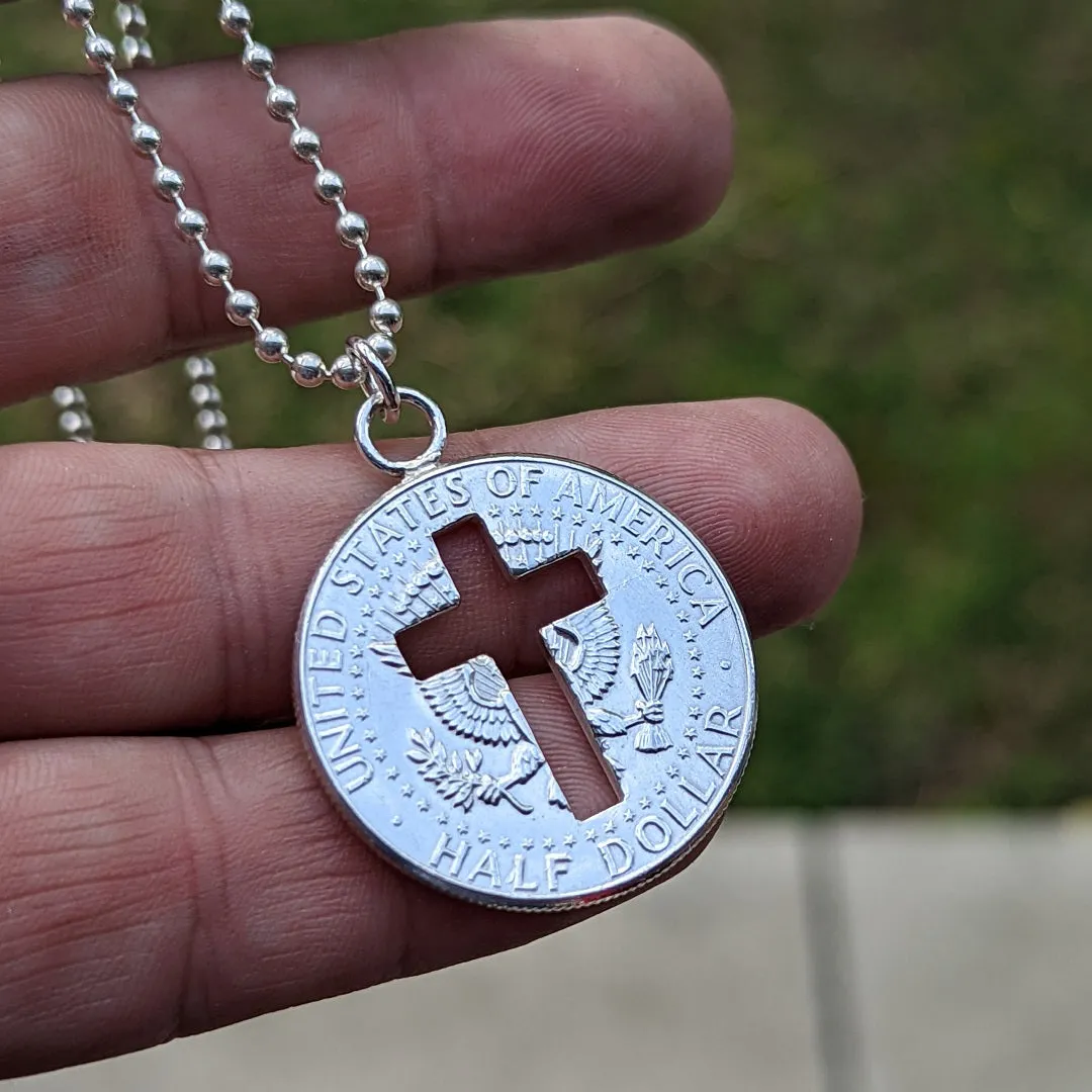 JFK Half Dollar Pendant with Christian Cross Cutout