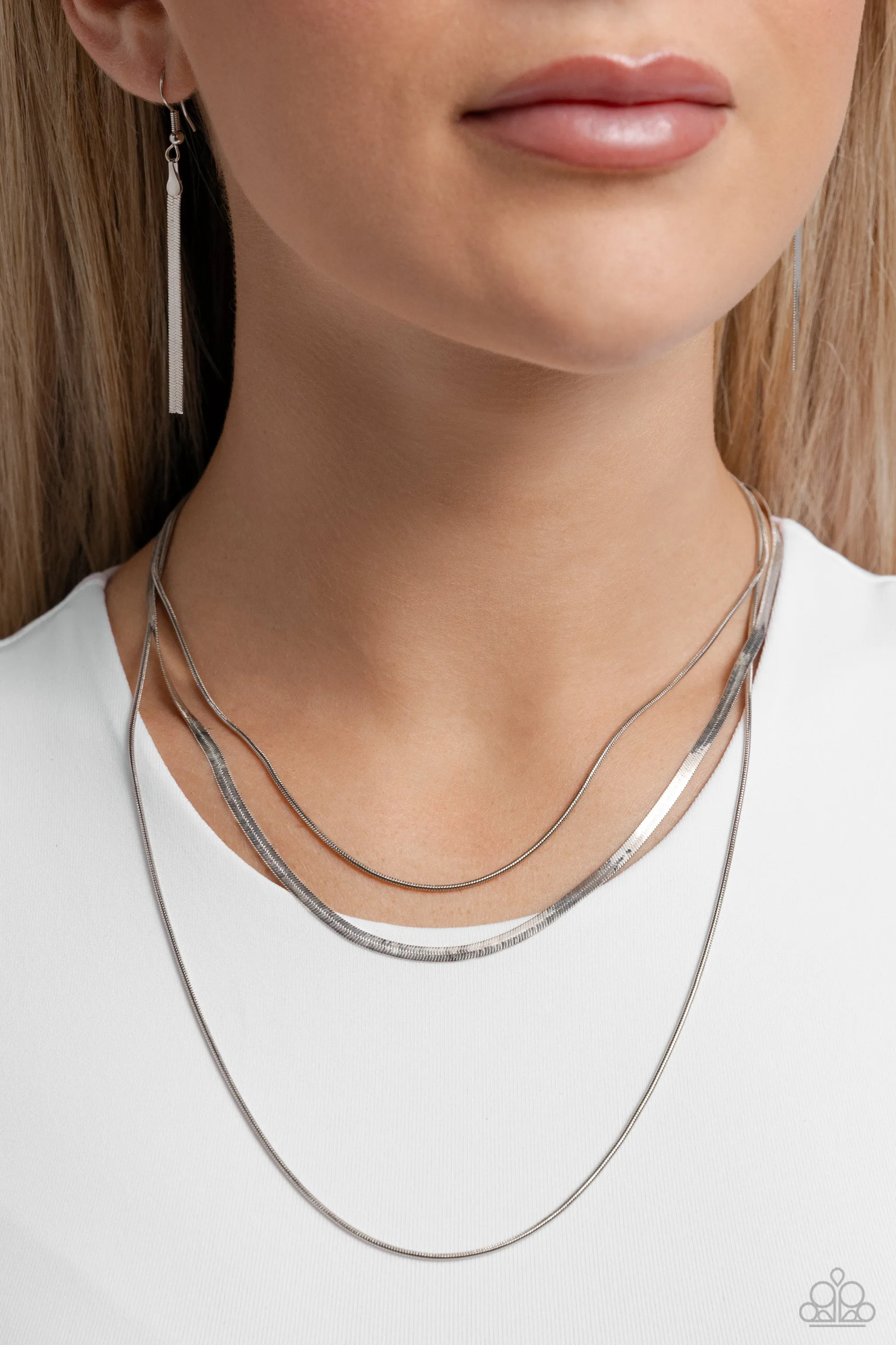 Key LAYER - Silver - Tiered Snake and Herringbone Chain Paparazzi Short Necklace