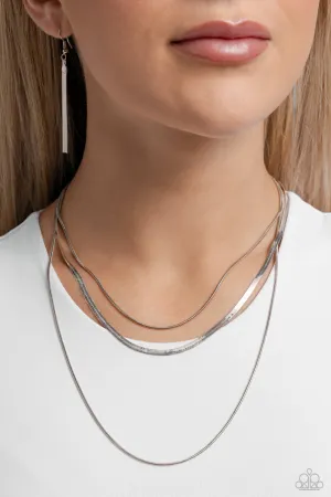 Key LAYER - Silver - Tiered Snake and Herringbone Chain Paparazzi Short Necklace